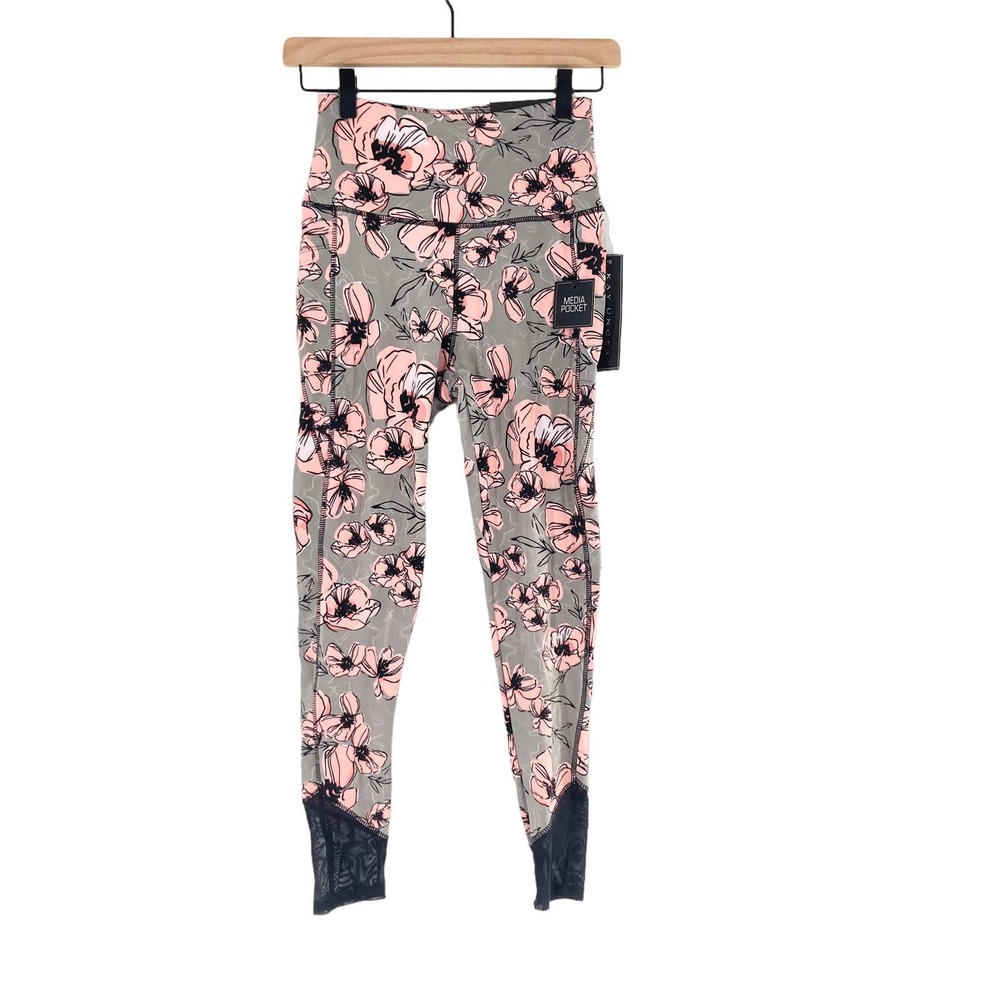 Kay Unger Activewear Mesh Panel Pockets Taupe Poppy Print
